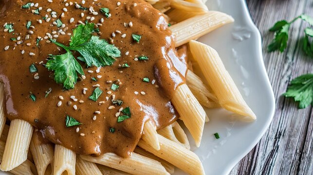 Penne pasta with rich brown sauce and fresh parsley garnish.