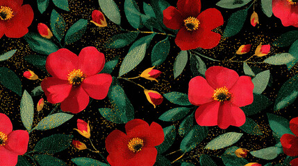 Vibrant Red Flowers with Glossy Leaves on Dark Background