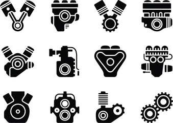 A comprehensive set of flat cartoon style illustration icons featuring essential automotive engine components and various mechanical parts, ideal for vehicle and industrial design applications