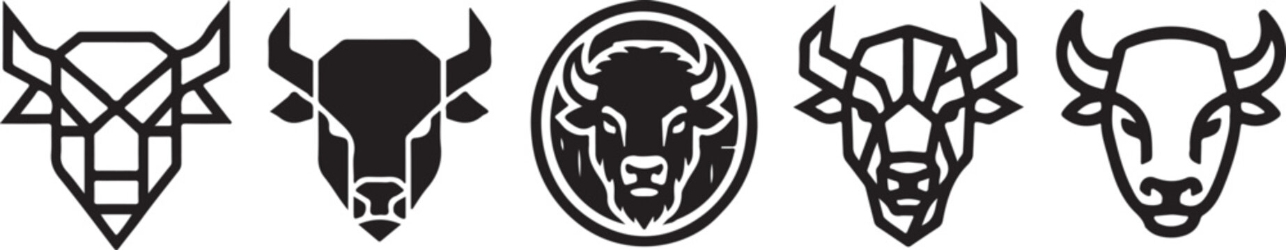 A set of five monochrome bison head icons in various styles, including geometric and detailed line art Vector
