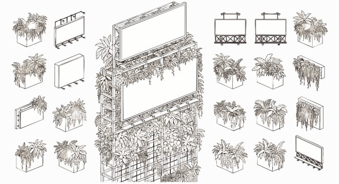 Isometric overgrown billboards and blank signs vector set. Nature reclaiming urban advertising structures, eco-friendly design elements, line art kit.