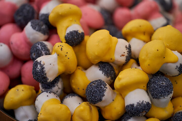 Homemade mushroom-shaped cookies in the handicraft market
