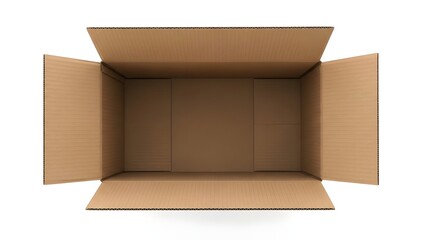 An open cardboard box viewed from above, empty and ready for use.