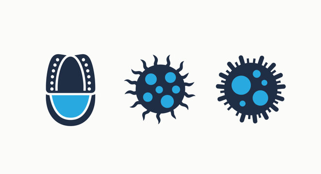 Microbiology icons: shoe sole with virus, virus particle cluster, and single virus cell, representing contamination, infection spread, and hygiene awareness