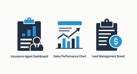 Fototapeta premium Icons for insurance agent dashboard, sales performance chart, and lead management board, visualizing business analytics and customer relationship management.