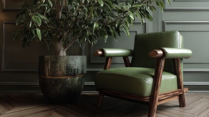 Green Leather Armchair and Potted Tree.