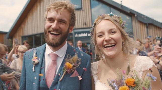 Happy wedding couple smiling outdoors.