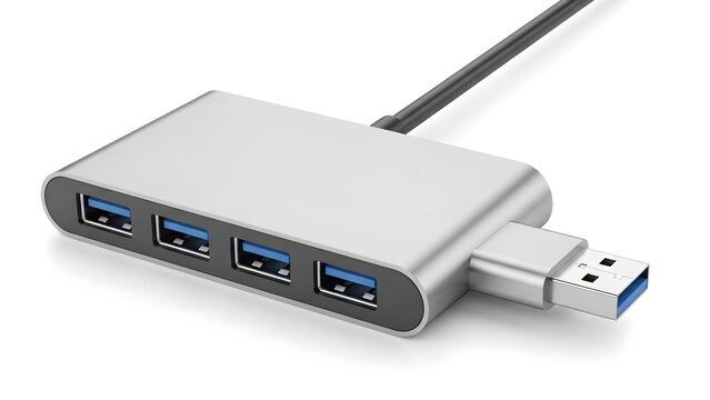 USB hub with four ports connected to a computer cable