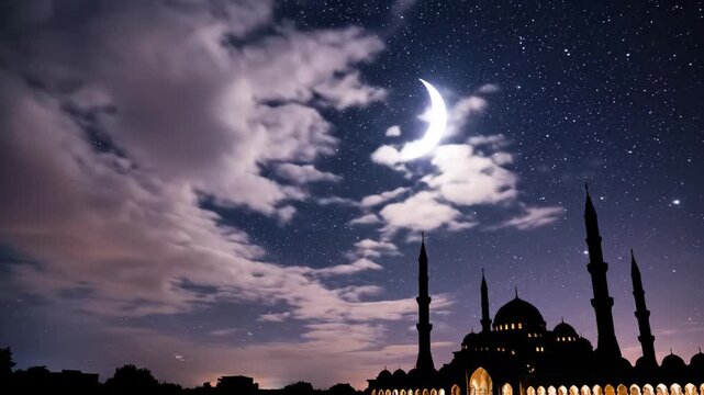 Cinematic 4k night sky timelapse with crescent moon over mosque silhouette video footage