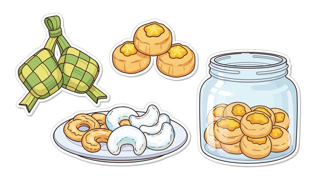 Assortment of traditional cookies and ketupat illustration on white background