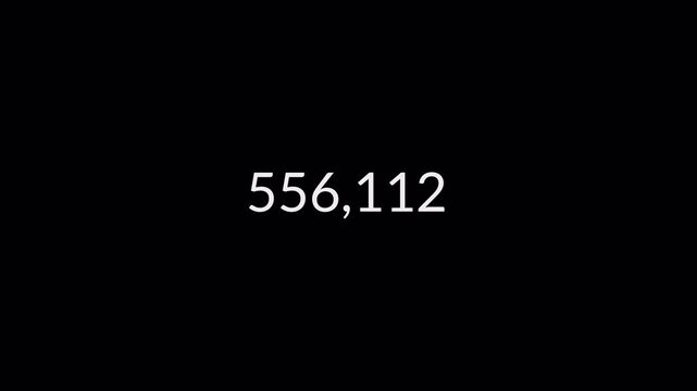 Number counter animation from 0 to 1,000,000 on black background, Animated number counter from zero to one million in 4k ,counting number digit with alpha channel.