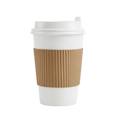 Disposable coffee cup with lid and sleeve isolated on transparent background