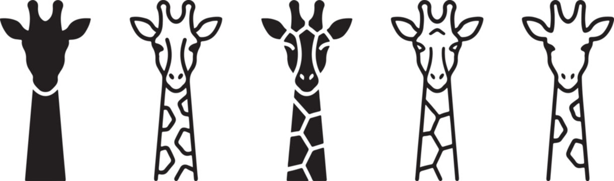 Five minimalist black and white illustrations showing different stylized representations of giraffe heads and necks. Vector