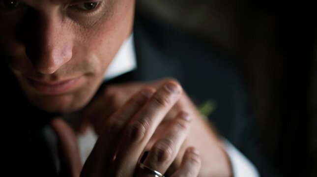 Close-up of groom adjusting cufflinks, shallow depth isolating refined hand detail, intimate pre-ceremony storytelling for luxury wedding and menswear campaigns.
