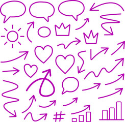 Hand drawn doodle icons and arrows set in bright purple, abstract symbols for communication, social media, growth, and creativity