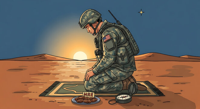 American soldier kneeling on prayer mat in desert with MRE meal  serene sunset transparent background