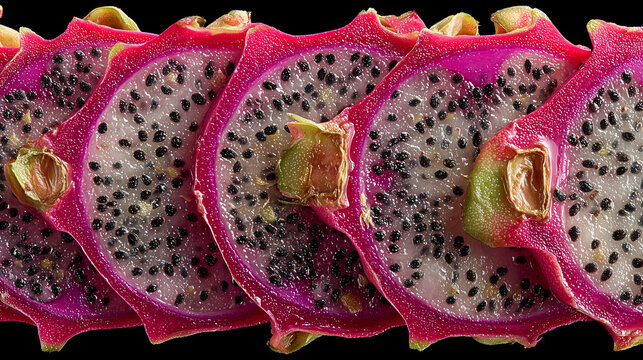 Dragon fruit slice backlit macro texture, exotic white and black seed pattern