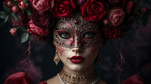 Intricate red rose headdress mask, gothic elegance, high fashion photoshoot