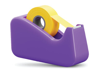 Purple tape dispenser with yellow roll of tape on white background