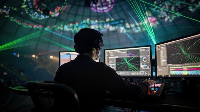 Laser show designer working intently on programming software blurred domeshaped venue roof overhead illuminated by synchronized laser patterns casting light beams.