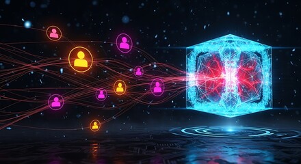 Obraz premium Glowing blue cube with network connections to people pink orange