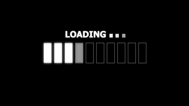 Block style loading indicator with segmented progress bars. Step based loading animation for system task and data operation. Minimal loading blocks for digital interface and application process