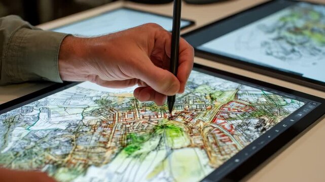 Designer sketching zoning boundaries on digital tablets highlighting diverse land use for balanced urban growth in an interactive workspace.