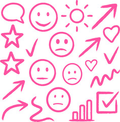 Pink hand drawn doodle icons set with smiley faces arrows hearts stars and feedback symbols