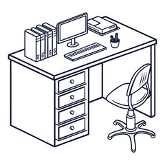 A well-organized home office setup with a computer, books, and a comfortable chair.