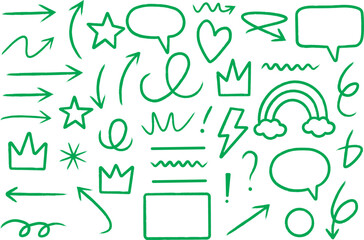 hand drawn green doodle icons set with arrows speech bubbles stars hearts crowns and abstract sketch elements