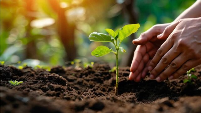 Hands planting tree in soil