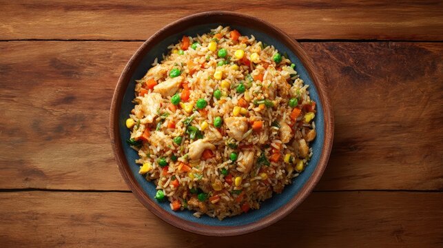 Delicious fried rice dish on wooden table top overhead view