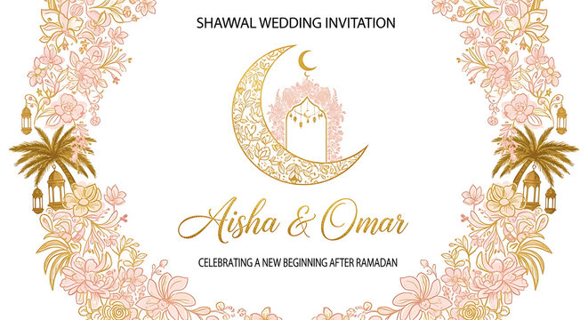 Shawal wedding invitation card with crescent moon and floral border design transparent background