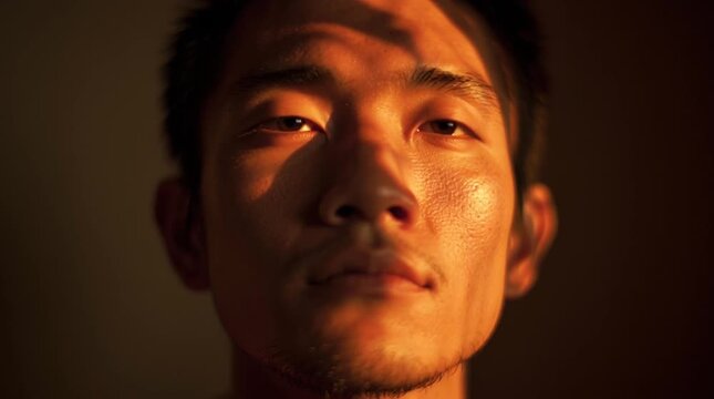Close-up of face with eyes closed and jaw relaxed under warm light, visualizing parasympathetic activation, stress release, and nervous system regulation.
