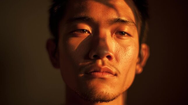 Close-up of face with eyes closed and jaw relaxed under warm light, visualizing parasympathetic activation, stress release, and nervous system regulation.
