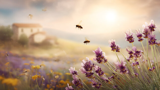 Bees flying around lavender flowers in a rural countryside at sunset