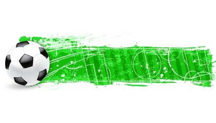 A realistic soccer ball rests near a vibrant green brushstroke resembling a field