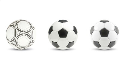 A progression of three sports balls transitioning from rugby to soccer forms on white