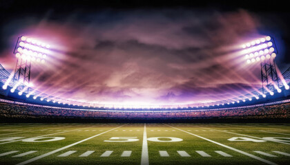 A brightly lit american football stadium is shown with a green field and blurred crowd