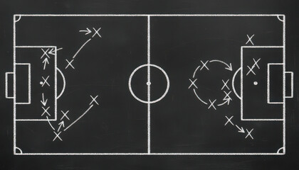 A detailed soccer field diagram on a chalkboard illustrates player movements and strategic formations