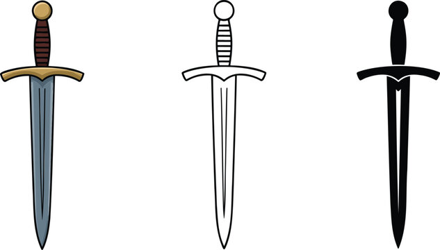 Sword silhouette & Outline and illustration set isolated on transparent background