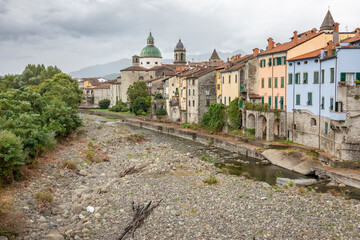 Fototapeta premium view of Pontremoli city and the Magra river, Province of Massa and Carrara, Toscana, Italy