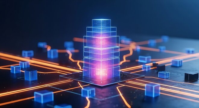 Neon lit 3 D circuit board with glowing purple and blue tower neon lights 3D circuit board purple glow