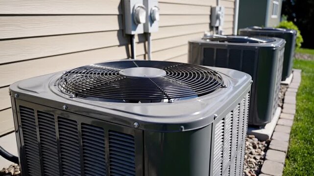 New home air conditioning system with three grey outdoor units standing on a stone base alongside a tan residential building house