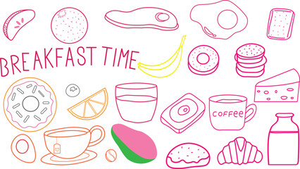 Hand drawn doodle illustration collection featuring various colorful icons representing delicious breakfast foods and beverages for morning meals.