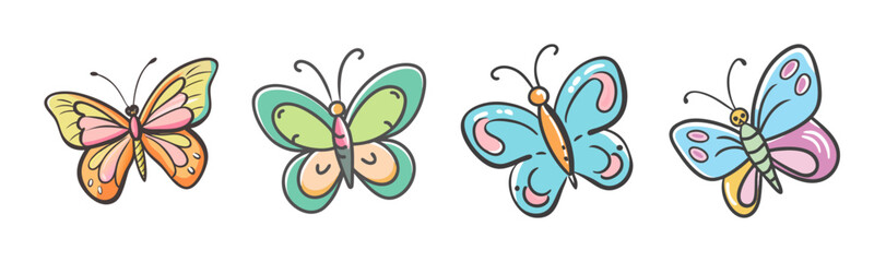 Obraz premium Four whimsical cartoon butterflies in vibrant colors and delicate designs