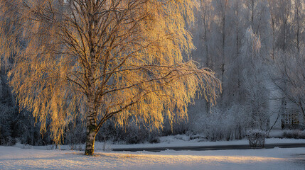 Snowy forest scene with golden light filtering through bare trees during sunset