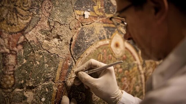 Medium shot showing the meticulous process of consolidating pigments on a crypts mural highlighting the conservators hand and tools against a softly blurred aged wall backdrop.