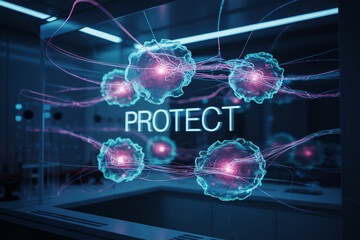 Obraz premium Protecting against viral threats in a modern laboratory setting with glowing virus cells