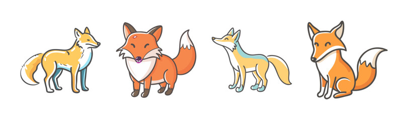 Obraz premium Group of four cute cartoon foxes in various poses on white background